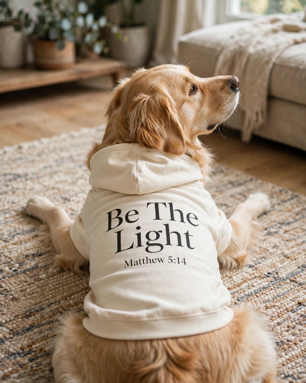 Be The Light Dog Hoodie - Cream - golden retriever lying on rug chin up, back print Be The Light Matthew 5:14