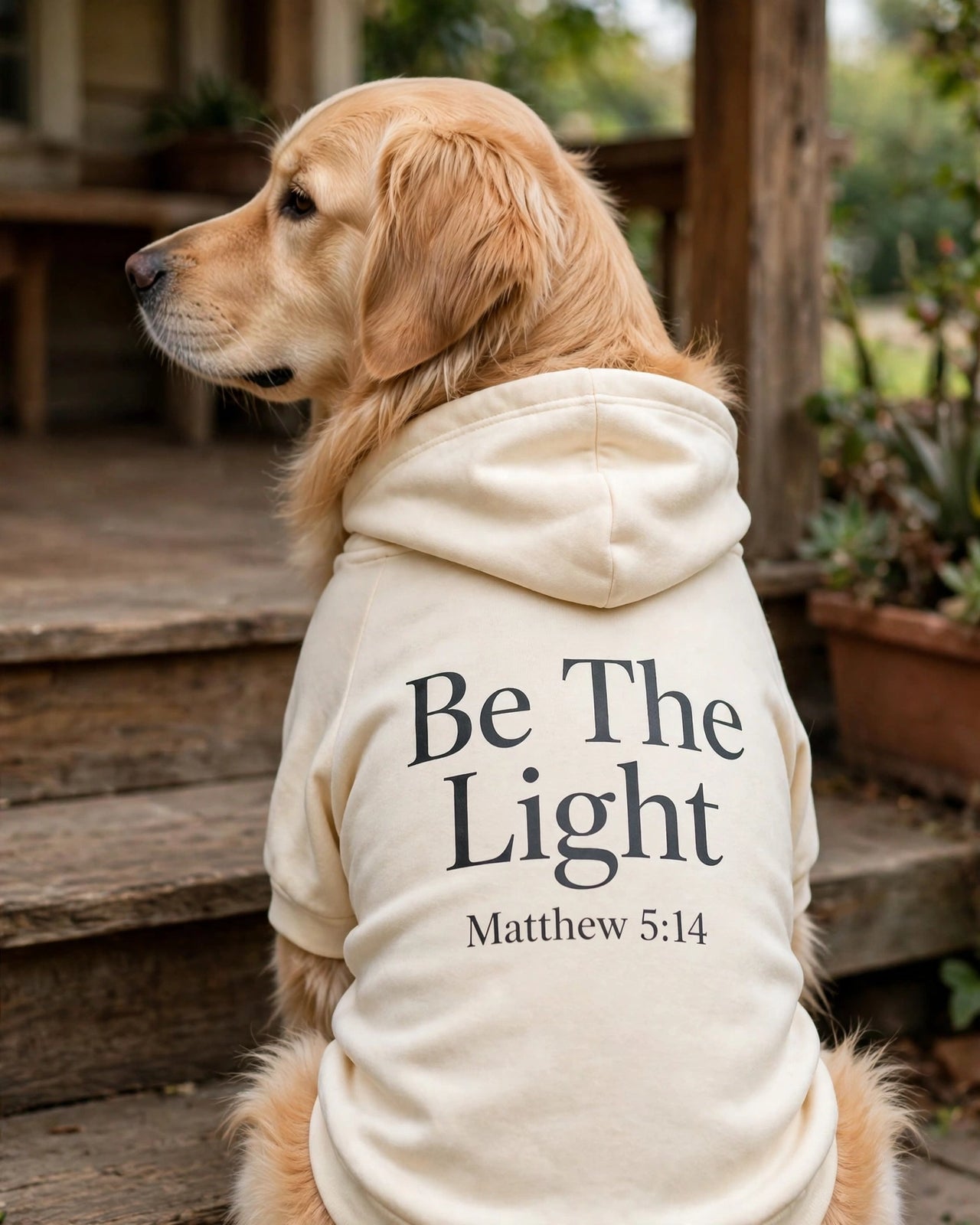 Be The Light Dog Hoodie - Cream - golden retriever sitting on porch looking left, back print Be The Light Matthew 5:14