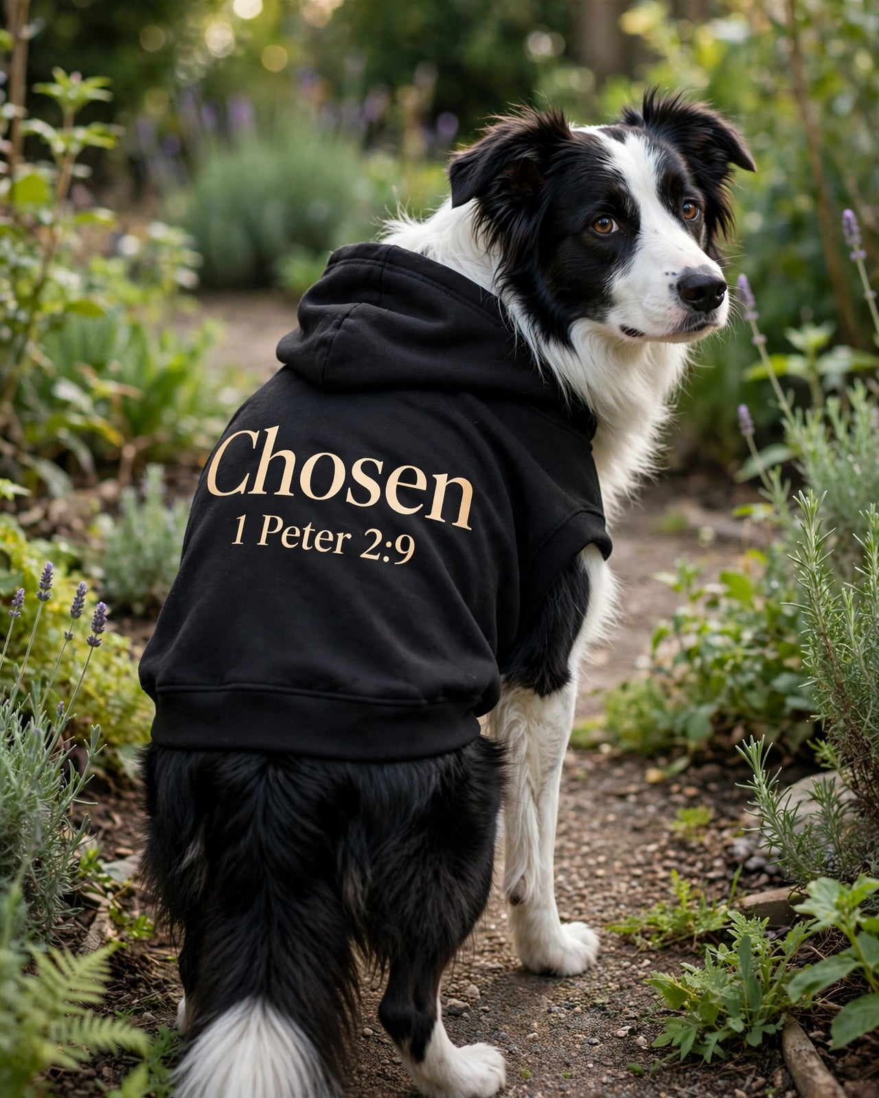 Chosen Dog Hoodie - Black - border collie standing in garden looking back over shoulder, back print Chosen 1 Peter 2:9