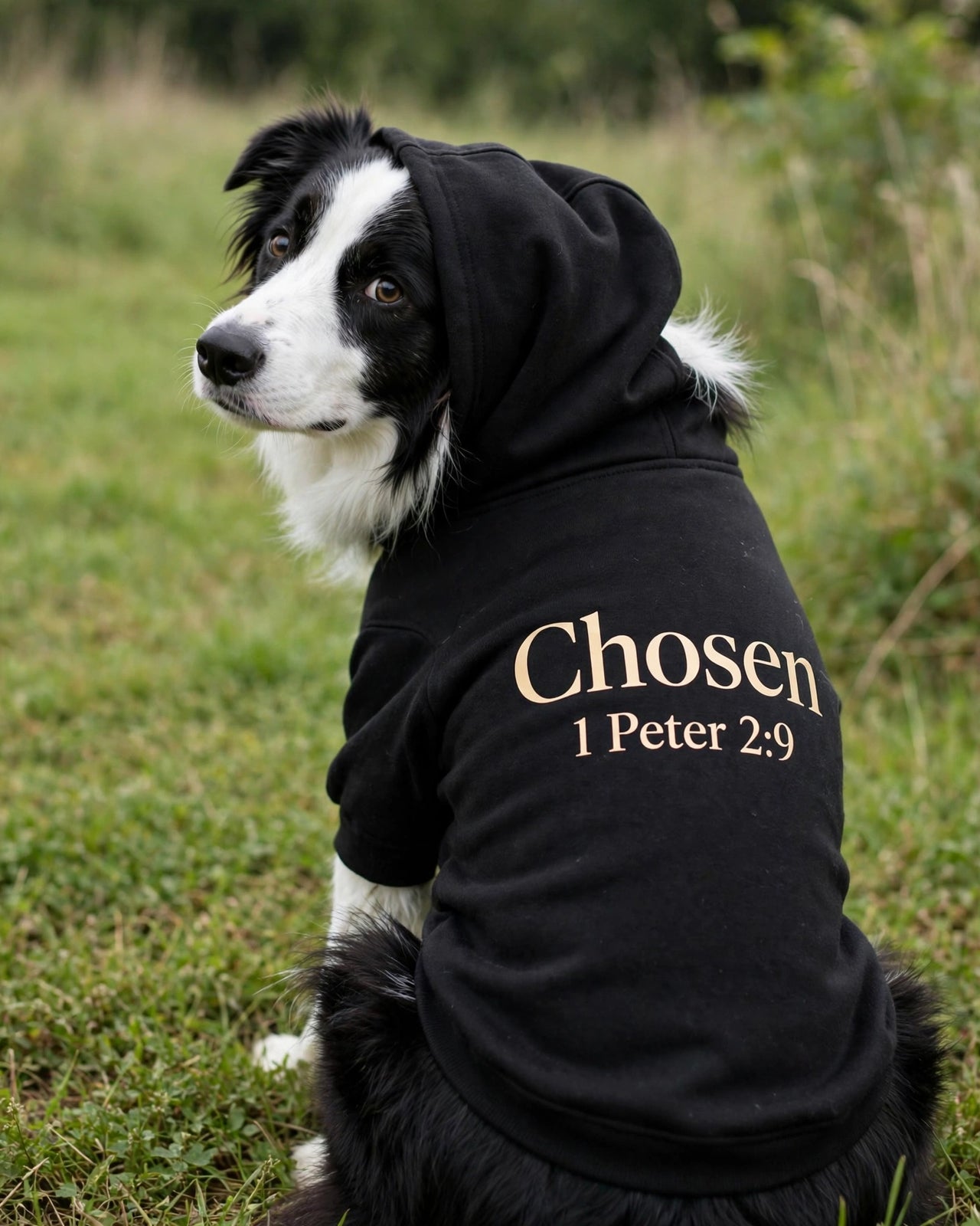 Chosen Dog Hoodie - Black - border collie sitting with hood up, back print Chosen 1 Peter 2:9
