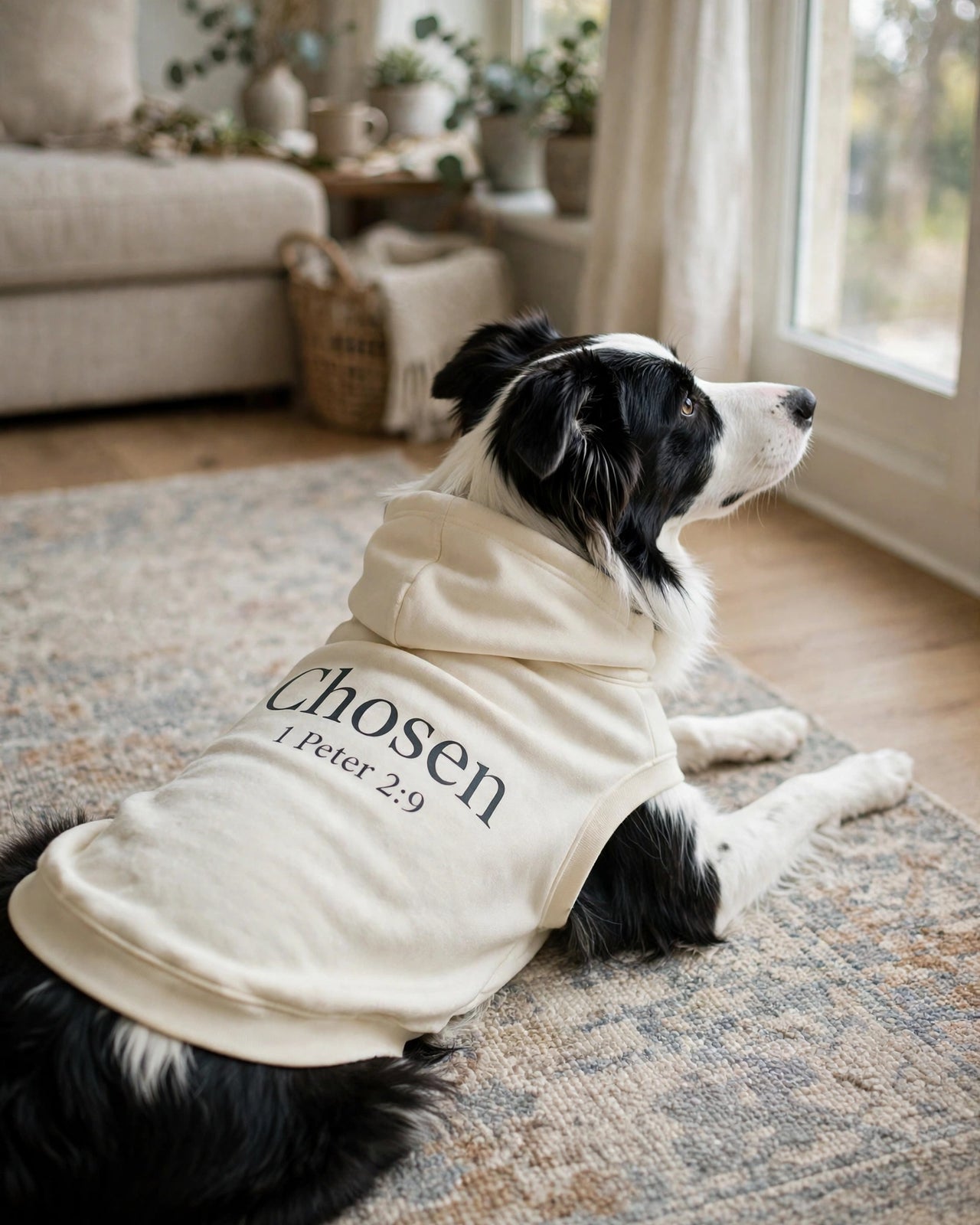 Chosen Dog Hoodie - Cream - border collie lying on rug chin up, back print Chosen 1 Peter 2:9
