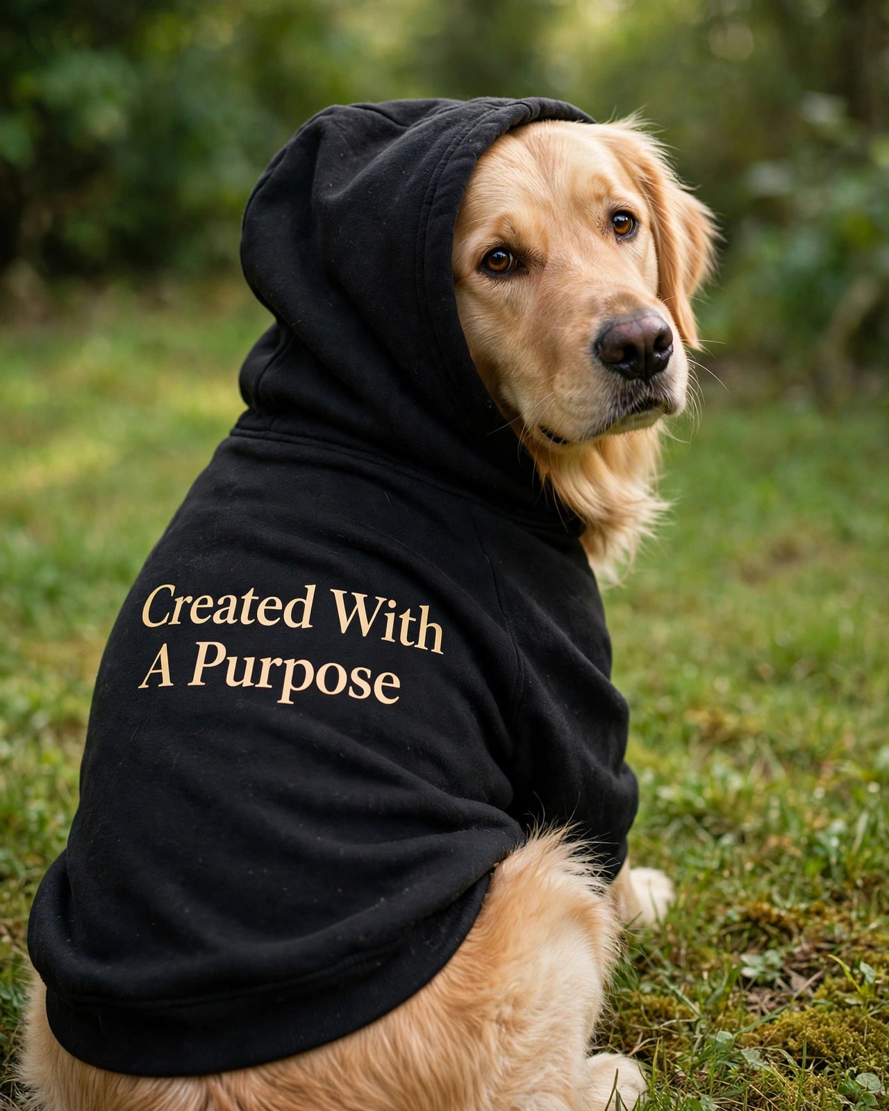 Created With A Purpose Dog Hoodie - Black - golden retriever sitting with hood up, back print Created With A Purpose stacked