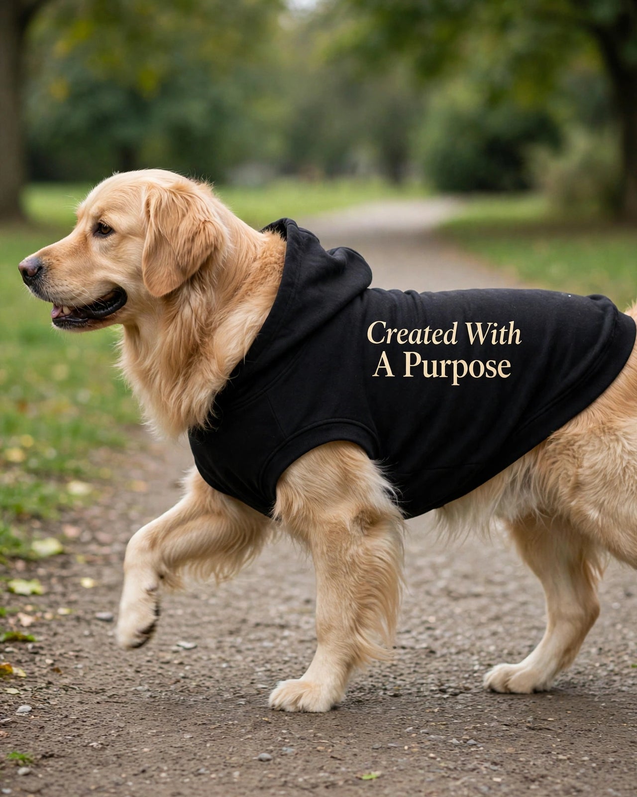 Created With A Purpose Dog Hoodie - Black - golden retriever walking side profile in park, back print Created With A Purpose stacked