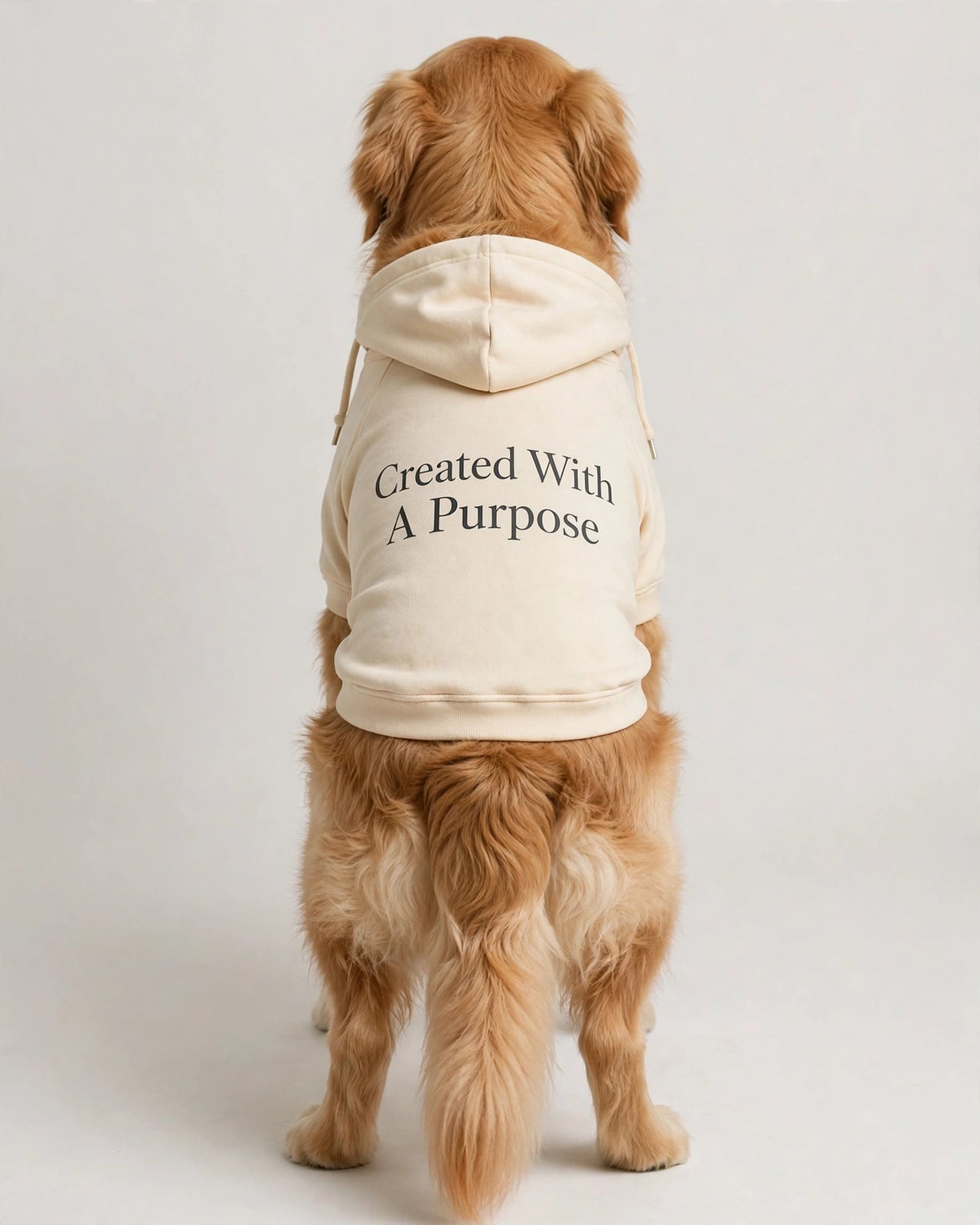Created With A Purpose Dog Hoodie - Cream - golden retriever plain rear view in studio, back print Created With A Purpose stacked