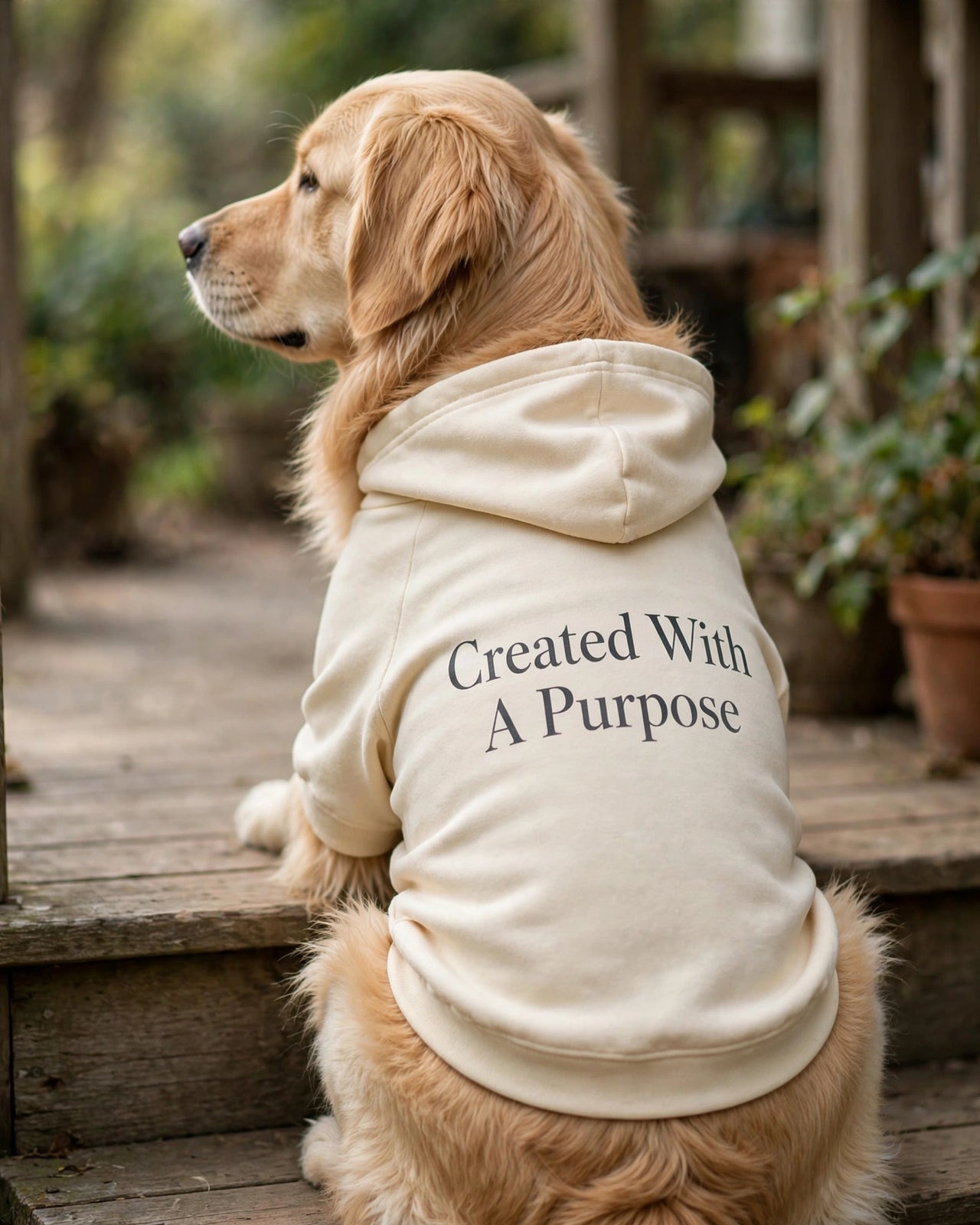 Created With A Purpose Dog Hoodie - Cream - golden retriever sitting on porch looking left, back print Created With A Purpose stacked