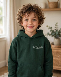 Thumbnail for Kids Be The Light Hoodie - worn front, dark green