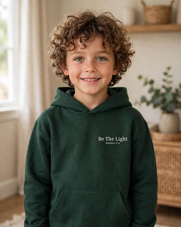 Kids Be The Light Hoodie - worn front, dark green