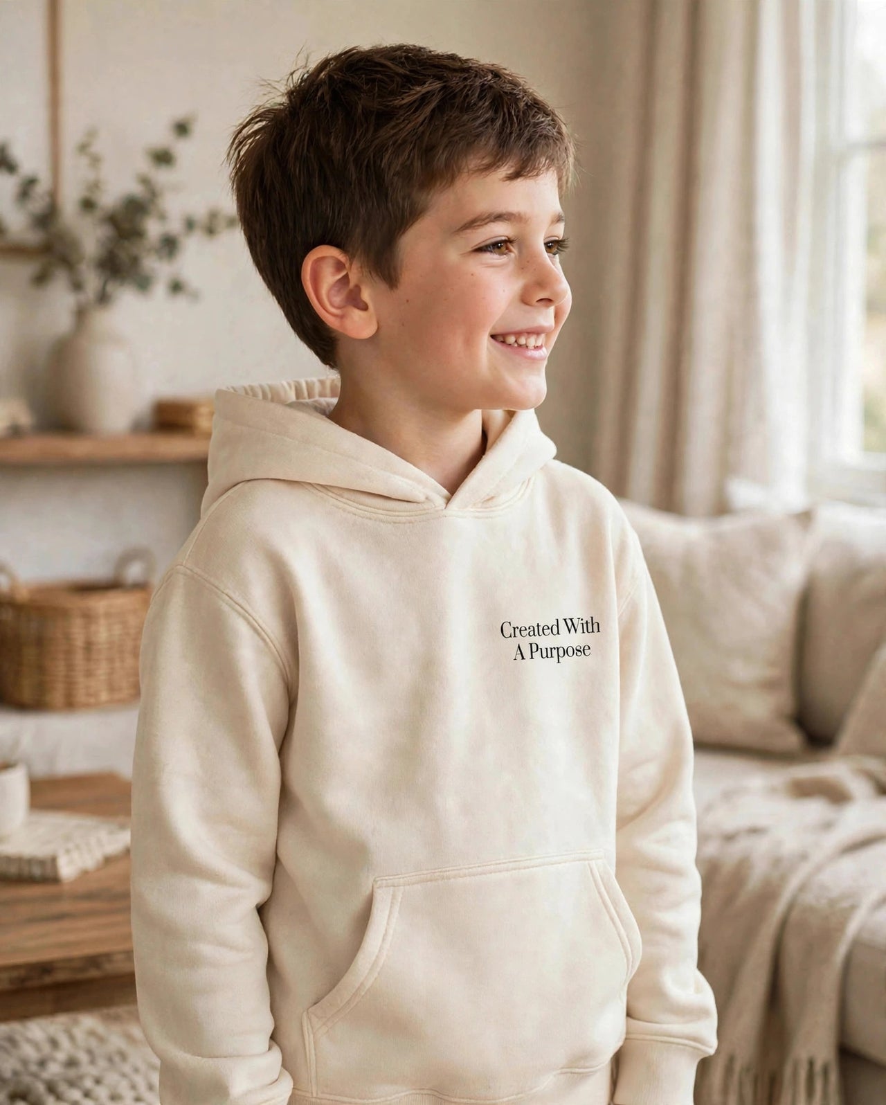 Kids Created With A Purpose Hoodie - side view, three-quarter