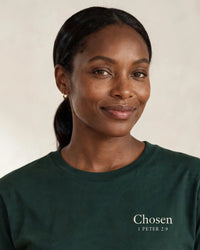 Thumbnail for Chosen tee in dark green, small left-chest print