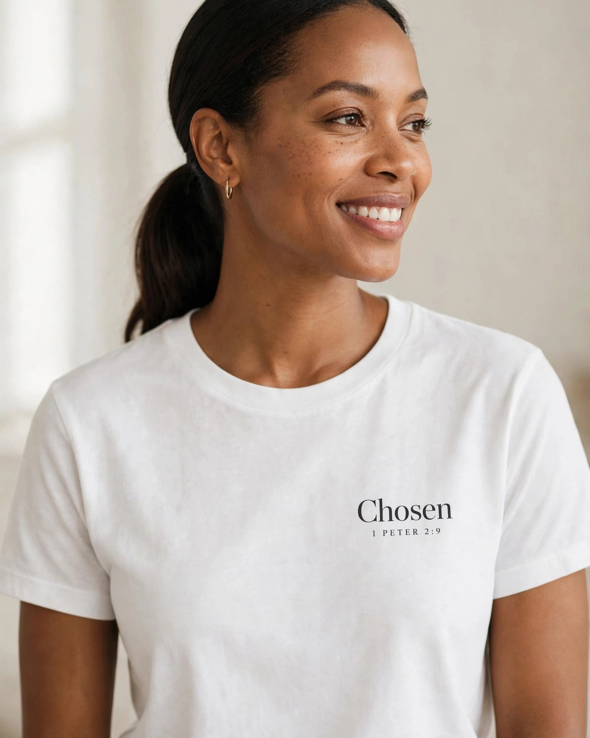 Chosen tee in white, small left-chest print