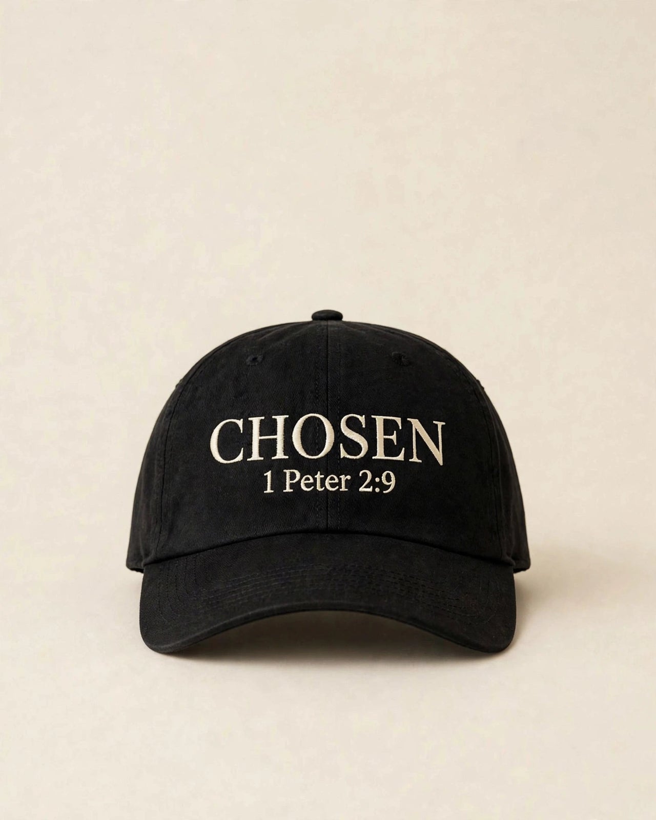 Black baseball cap with cream CHOSEN 1 Peter 2:9 print - Christian hat