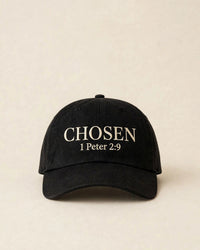 Thumbnail for Black baseball cap with cream CHOSEN 1 Peter 2:9 print - Christian hat