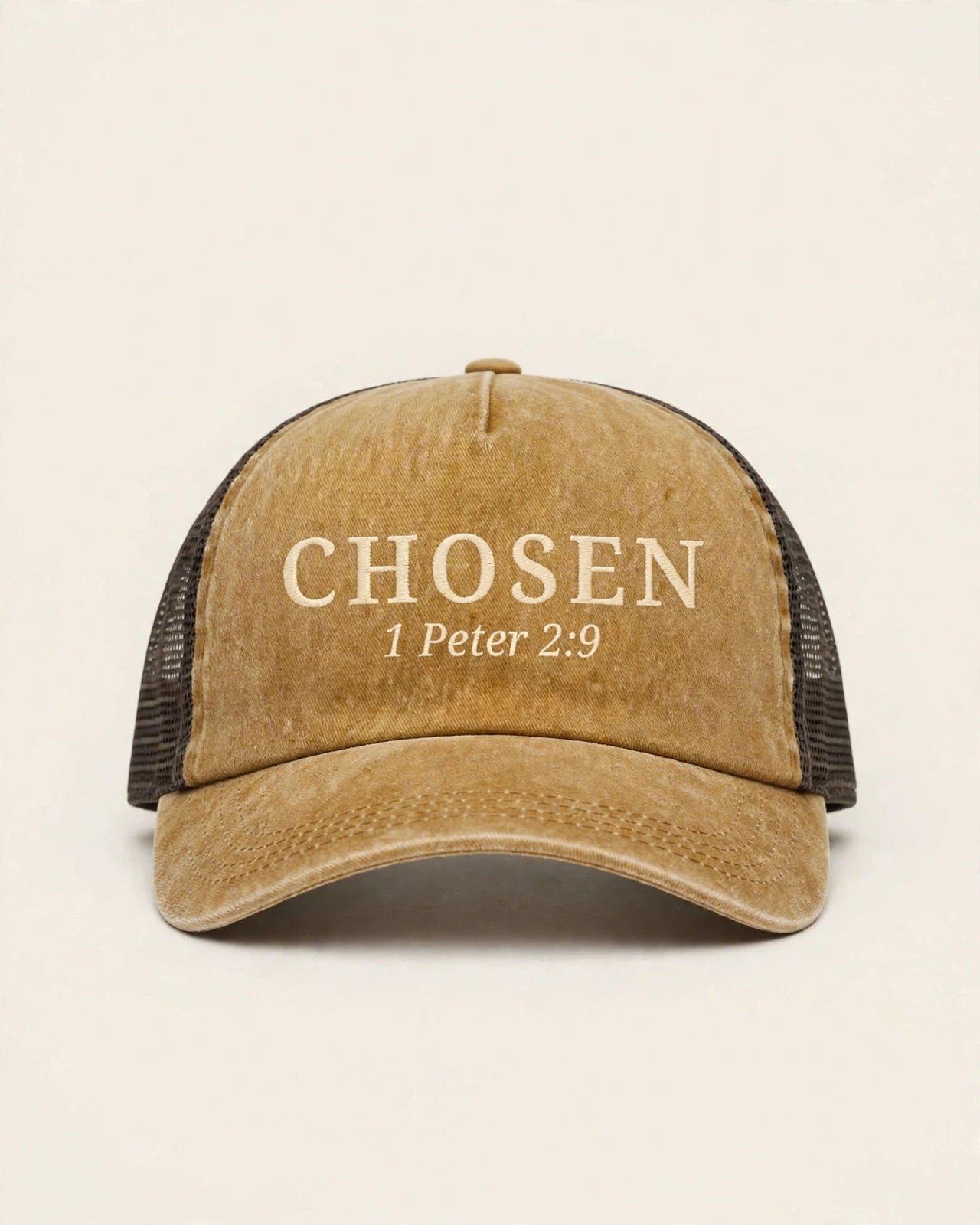Mustard washed trucker cap with cream CHOSEN 1 Peter 2:9 print - Christian hat