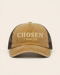 Thumbnail for Mustard washed trucker cap with cream CHOSEN 1 Peter 2:9 print - Christian hat
