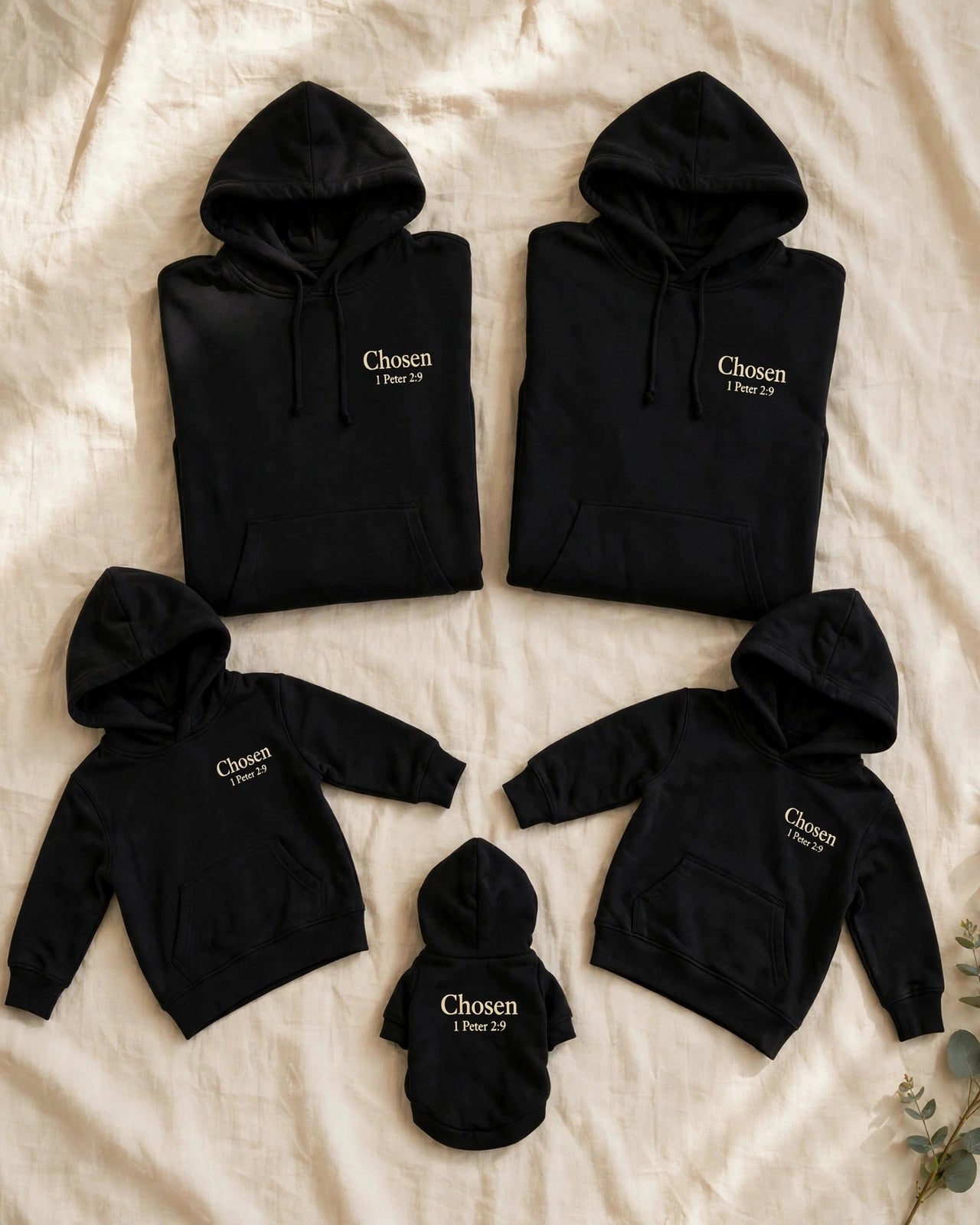 The Family Set hoodie bundle - flat lay, two adult hoodies, two kids hoodies, one dog hoodie