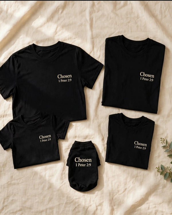 The Family Set tee bundle - flat lay, two adult tees, two kids tees, one dog tee