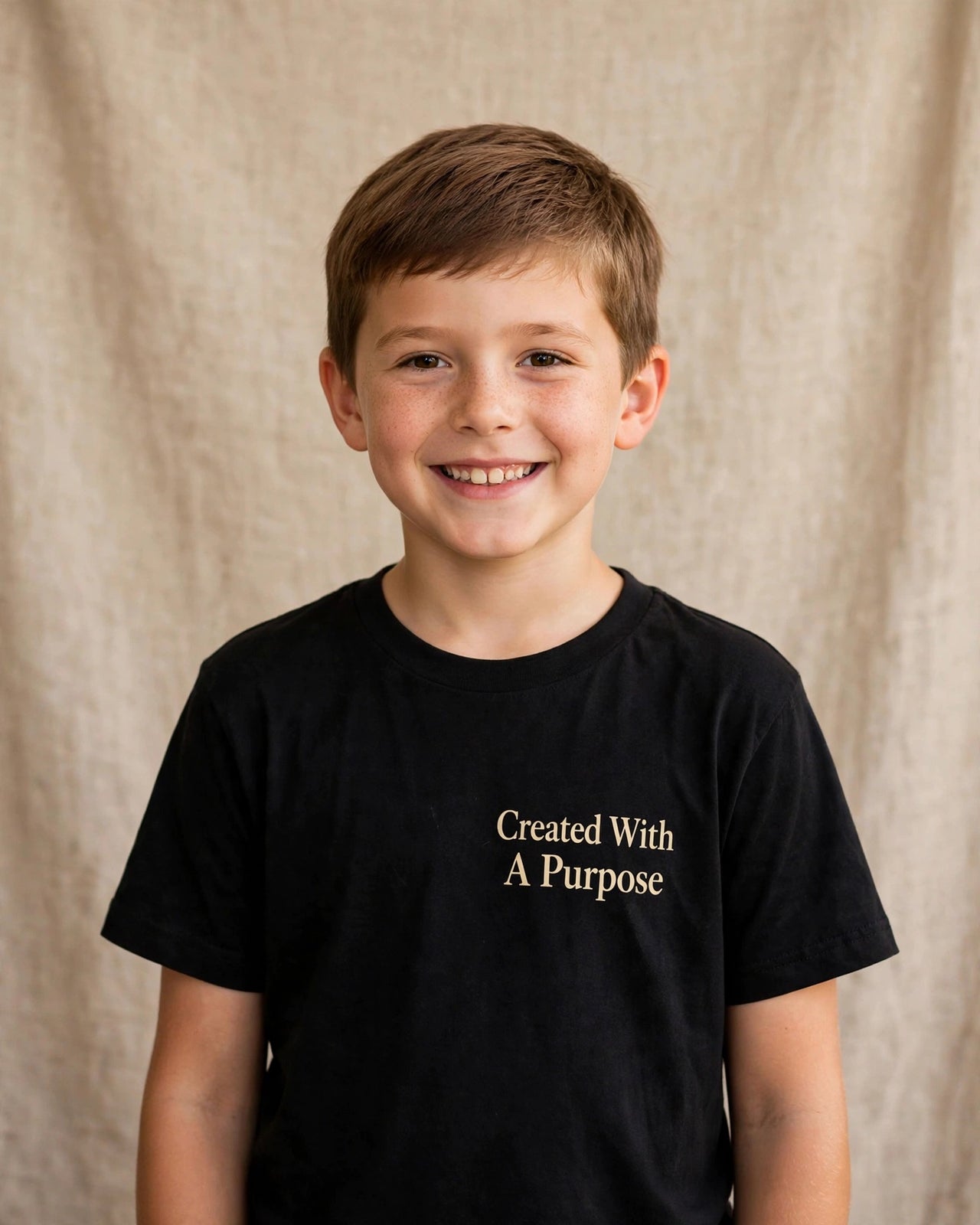 Kids tee mockup — Created With A Purpose, Black