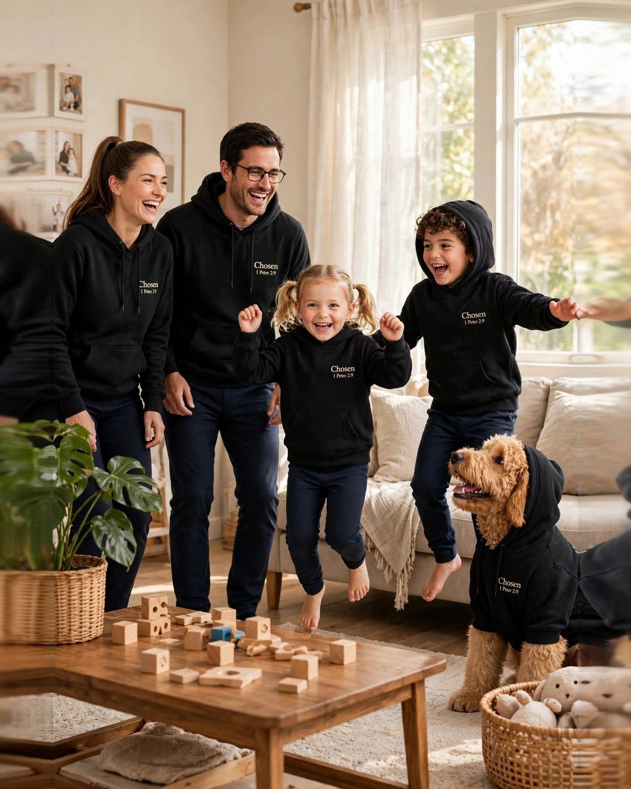 The Family Set - the whole family in Chosen hoodies, dog included - lifestyle