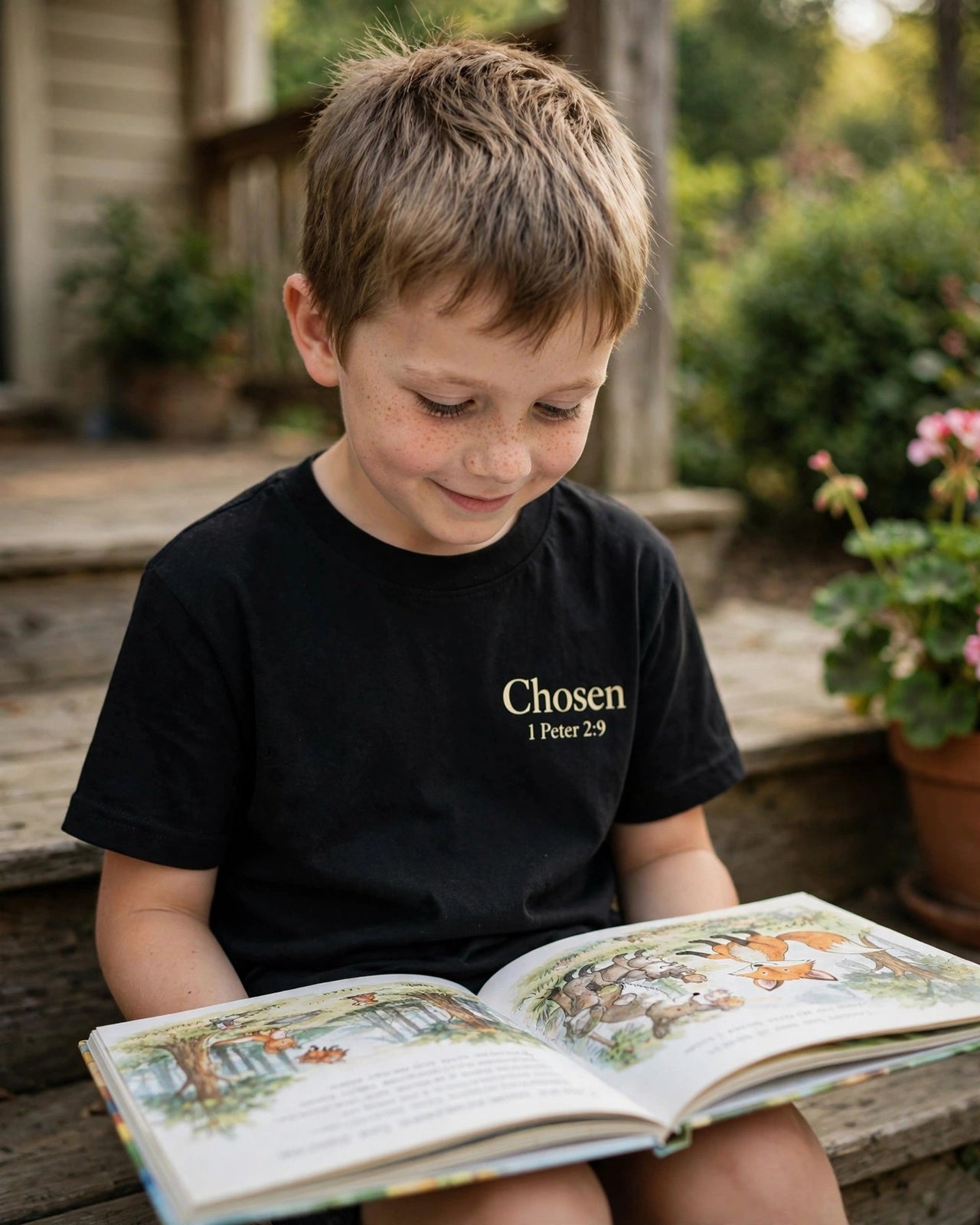 Kids Chosen Tee - reading on the porch steps, Black