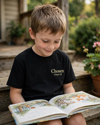 Thumbnail for Kids Chosen Tee - reading on the porch steps, Black