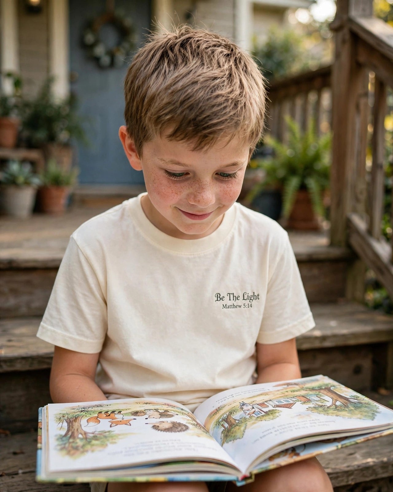 Kids Be The Light Tee - reading on the porch steps, Cream