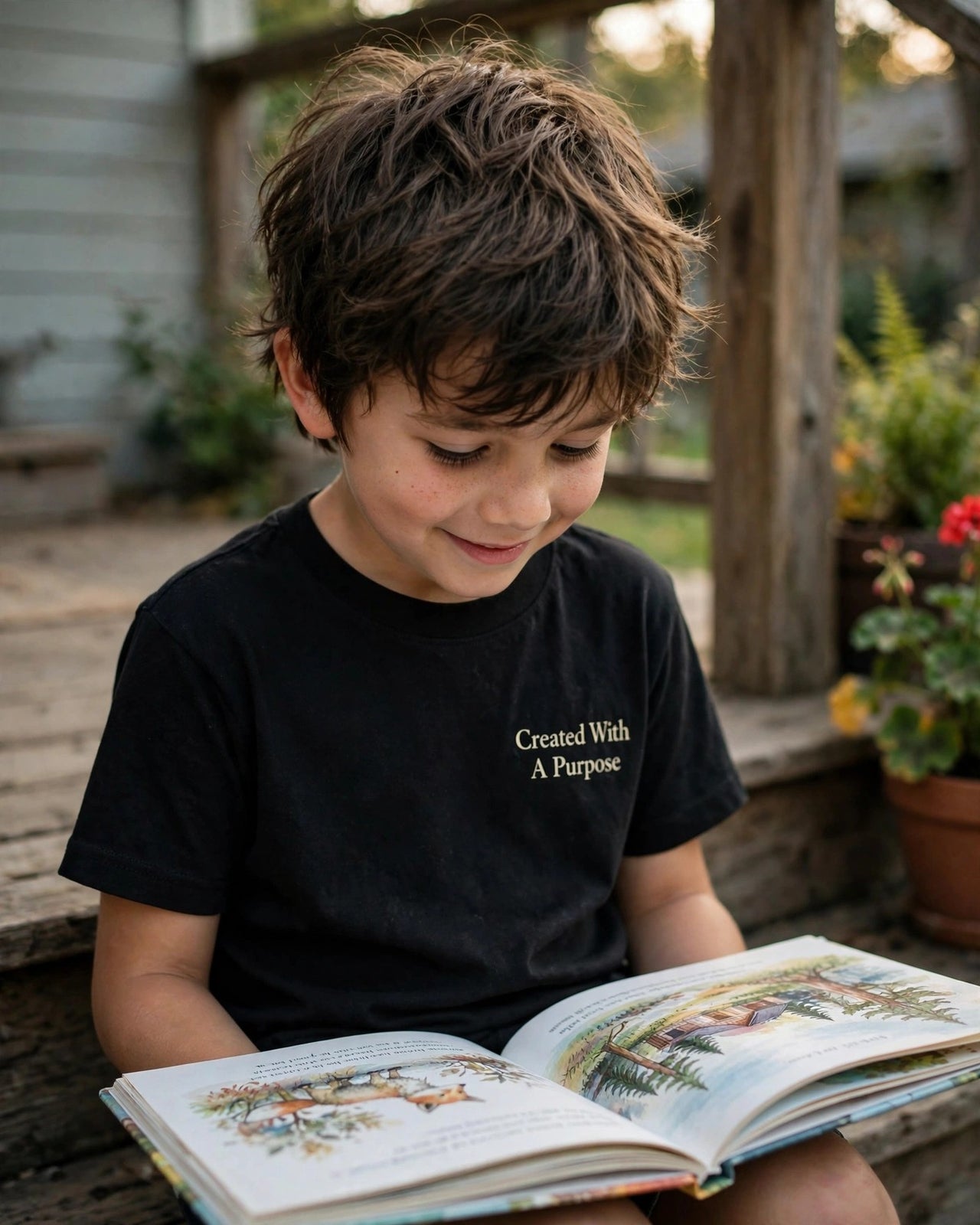 Kids Created With A Purpose Tee - reading on the porch steps, Black
