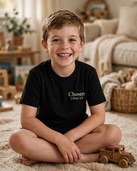 Thumbnail for Kids Chosen Tee - playing on the carpet, Black