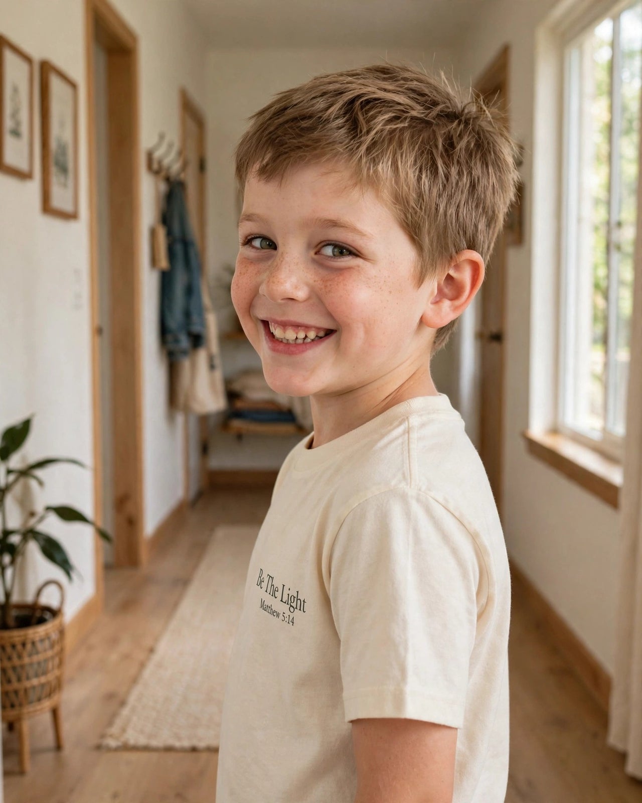 Kids Be The Light Tee - side three-quarter view, Cream