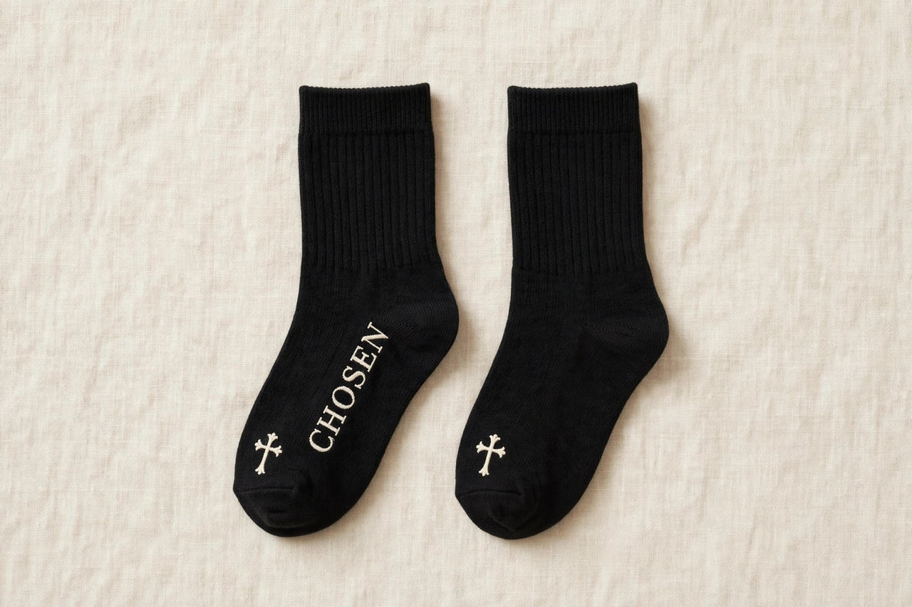 Kids black socks with cream Chosen and Be The Light designs and cross at the toe - kids faith socks
