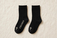 Thumbnail for Kids black socks with cream Chosen and Be The Light designs and cross at the toe - kids faith socks