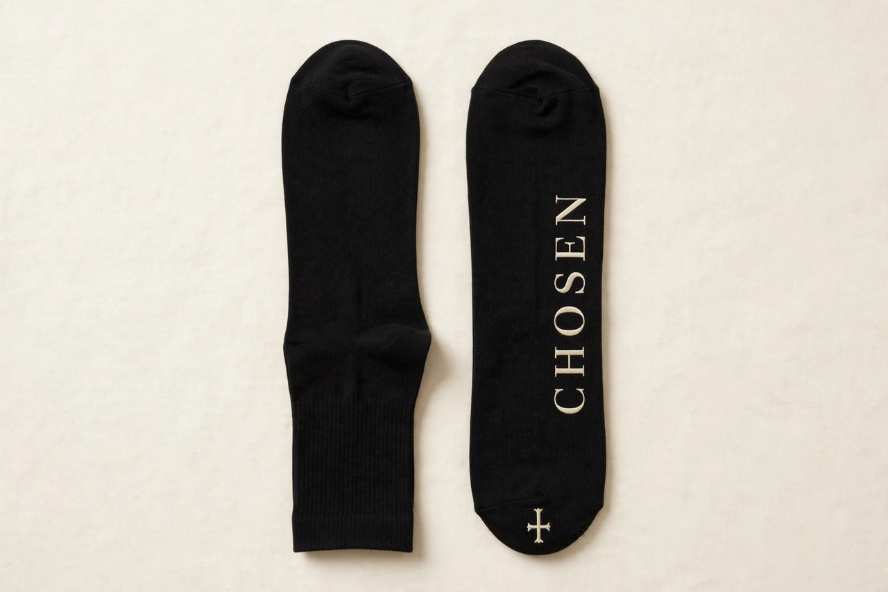 Men's trouser socks in black with cream faith design - faith socks